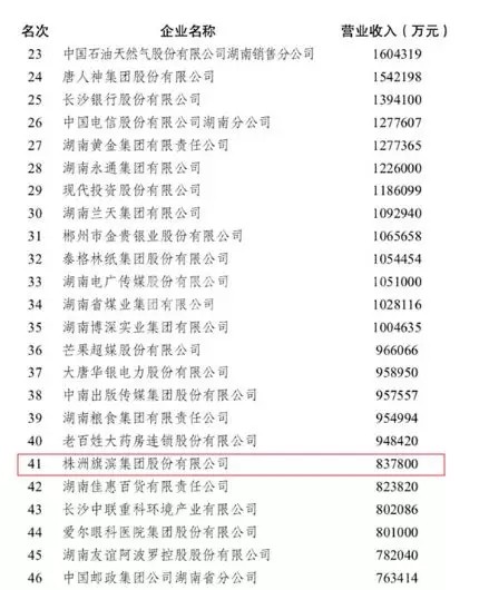  部分上榜企业排名情况