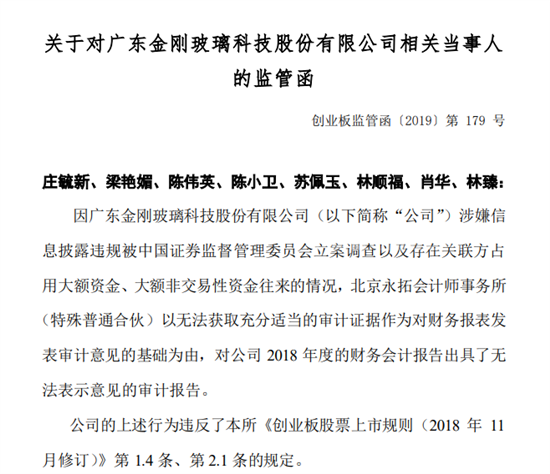 金刚玻璃多位高管收监管函若2019年报再“非标”或将暂停上市