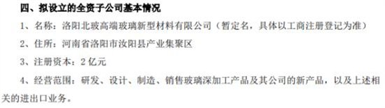 北玻股份投资2亿设立全资子公司洛阳北玻高端玻璃新型材料有限公司